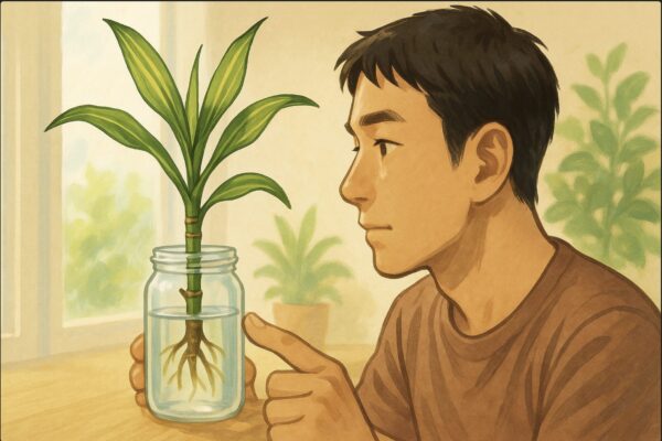 日本人男性が透明なガラス瓶にカットしたドラセナの枝を挿し、水の中で根が伸び始めている様子を観察している。背景に明るい窓とグリーンの植物。