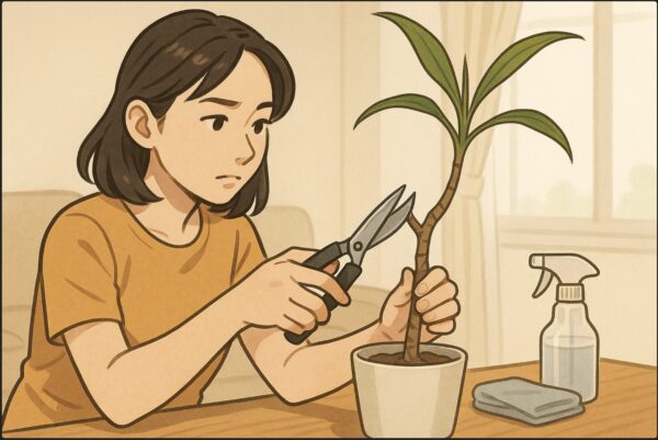 日本人女性が清潔な剪定バサミを手に持ち、ひょろひょろと伸びたドラセナの幹を慎重にカットしようとしている。切る直前の緊張感のある瞬間を描く。背景は明るいリビング、作業台の上にはアルコールスプレーと布。