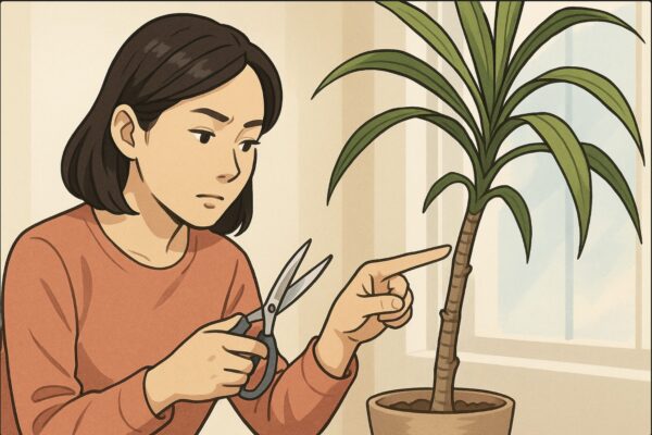 日本人女性がドラセナの幹を剪定する直前、消毒したハサミを片手に、切る位置を指で示しながら慎重に確認している。明るい室内で、幹の節の位置をしっかり見比べる動作が明確にわかる。