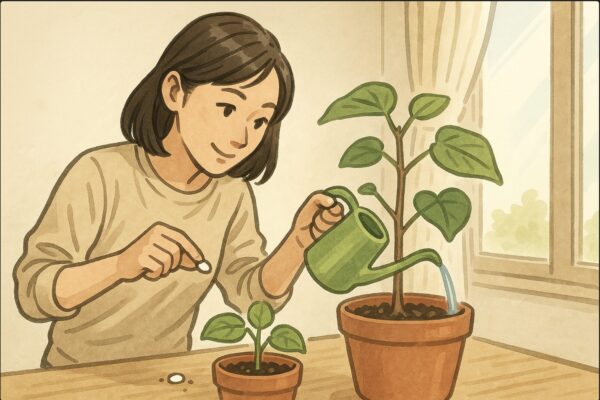 日本人女性がウンベラータの鉢土の上に置き肥を置き、さらに液体肥料をジョウロに混ぜて準備している。肥料を扱う具体的な動作が分かるシーン。