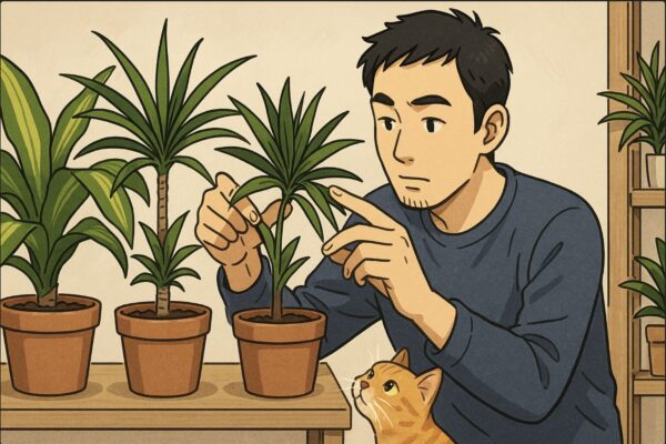 日本人男性が複数のドラセナの鉢（マッサンゲアナ・コンシンネ・ジャネットクレイグ等）を前に、葉の形を比較するように片方の葉を指で広げながら見比べている。猫は棚の下から植物を興味深く見上げている。