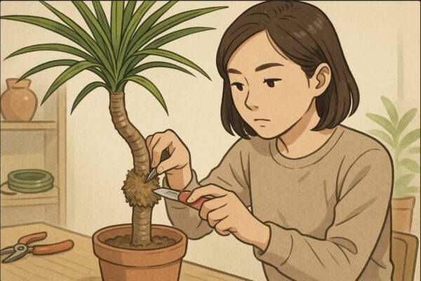 日本人女性がドラセナの太い幹にカッターナイフで環状に切り込みを入れ、水苔を丁寧に巻き付けている。手元の動作が明確に見える構図。背景に園芸用具。