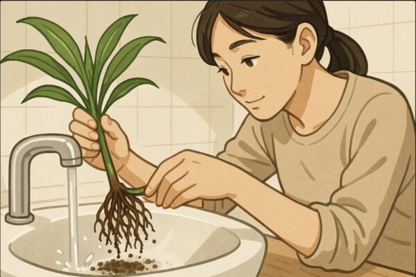 日本人女性が洗面台で、ドラセナの根をやさしく洗っている。根の間の土を丁寧に落とす様子がわかるように、手と根元がアップで描かれている。背景は清潔感のある明るい室内。