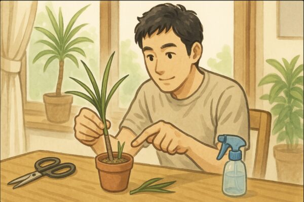 日本人男性がドラセナ・コンシンネの枝を10cmほどに切り、赤玉土を入れた小さな鉢に挿している。周囲にハサミや霧吹きが置かれた作業テーブル。明るい窓辺。