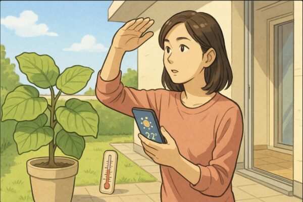 日本人女性がスマホの天気予報アプリで気温をチェックしながら、ウンベラータを置く予定の屋外スペースに片手をかざし日当たりを確認している。近くには温度計。