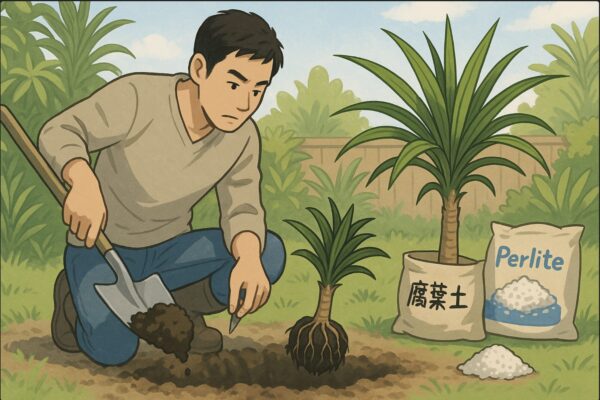 日本人男性が庭でスコップを使い、排水性の良い土を掘り返してドラセナを植えようとしている。パーライトや腐葉土などの土壌改良材が周囲に置かれている。手元が丁寧に描かれた構図。