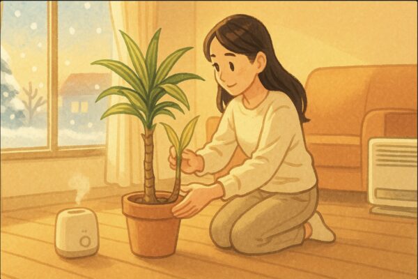 日本人女性が冬の室内で、窓際からドラセナの鉢を暖かい部屋の中央へ移動させている。外は雪景色、室内には暖房と加湿器。優しい照明で温もりのある雰囲気。