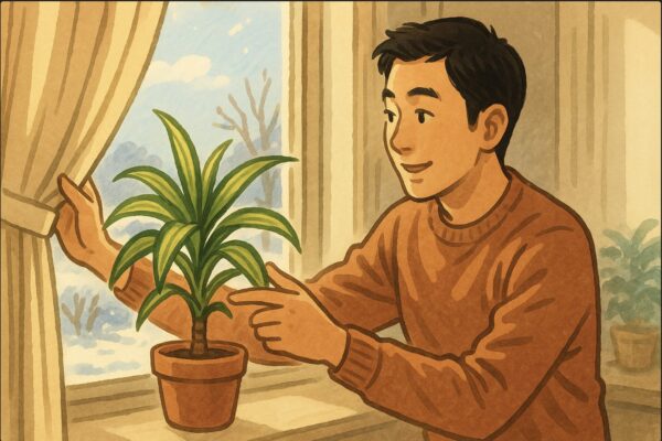 日本人男性が室内の窓辺で、ドラセナを明るい場所に置き直し、冷気を避けるためにカーテンを調整している。外は冬景色、室内は暖かい光。