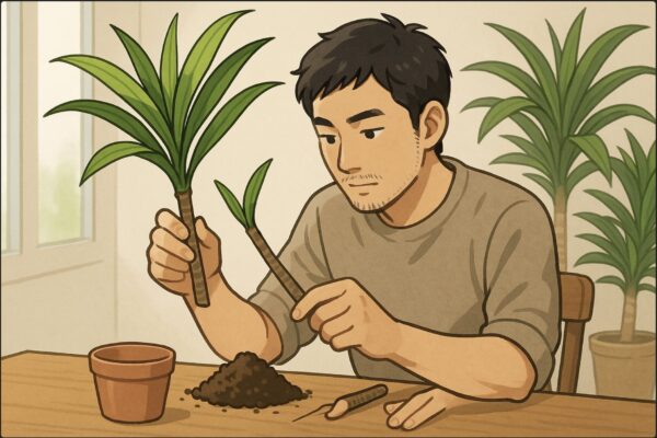 日本人男性がテーブルの上にドラセナのカットした枝・清潔な挿し木用の土・小さな鉢を並べ、枝の長さを確認しながら作業を始める直前の場面。片手でドラセナの挿し穂を持ち、もう片方の手で土に挿す穴をあけようとしている。室内の明るい日陰。