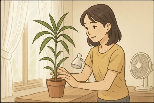 日本人女性がレースカーテン越しの窓際にドラセナを配置し、位置を調整している。背景にはサーキュレーターが静かに回っており、室内の明るさと風通しを意識した場面。植物育成ライトが横に置かれている。