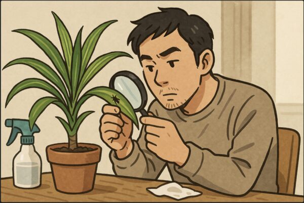 日本人男性がドラセナの葉の裏側をルーペで確認し、小さな虫を見つけている場面。机の上には霧吹きとティッシュが置かれ、害虫対策の雰囲気。