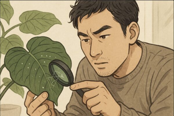 日本人男性がウンベラータの葉を近距離で覗き込み、葉裏の細いクモの巣状の糸を指先で示しながら確認している場面。ハダニ被害の“白い点”を観察する様子。