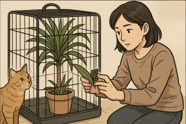 日本人女性がドラセナの鉢を専用ケージに入れ、扉をしっかりロックする動作をしている。猫は外側からケージ越しに植物を覗き込んでいるが、女性が念入りに安全を確認している様子。