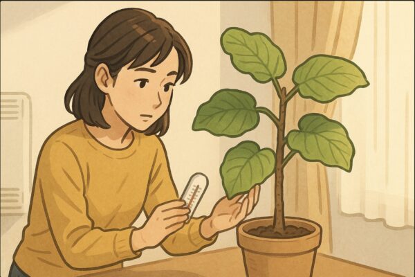 日本人女性が室内に避難させたウンベラータの鉢を前に、暖房の効いた室内で温度計を確認しながら、葉の張りや状態を両手で丁寧にチェックしている。