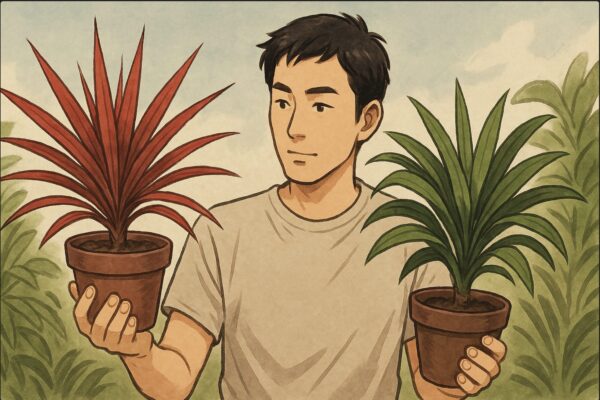 日本人男性が二つのドラセナの鉢を左右に持ち、葉色や質感の違いを比較しているシーン。片方は鮮やかな赤、もう片方は熱帯性の印象を受ける葉色という対比を表現。