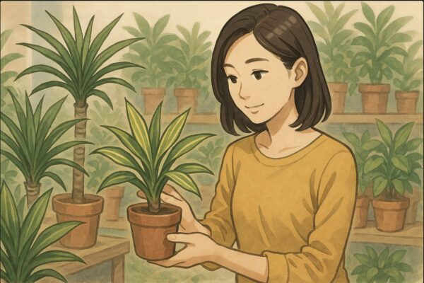 日本人女性が園芸店の植物コーナーで、複数のドラセナを見比べながら1つを手に取っている。葉の色や形を観察し、選定している様子。背景に他の観葉植物。