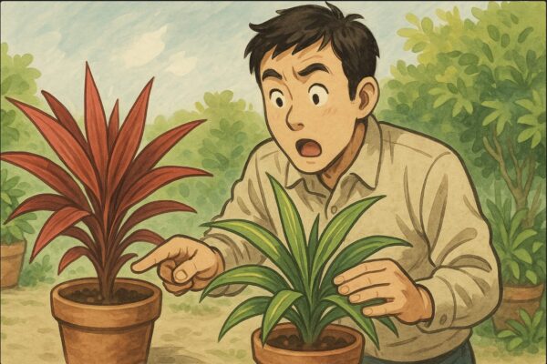 日本人男性が庭で、赤い葉のコルジリネと緑のドラセナを並べて違いを比較している。葉を指で差しながら驚いた表情。背景に植木鉢と緑の植物。