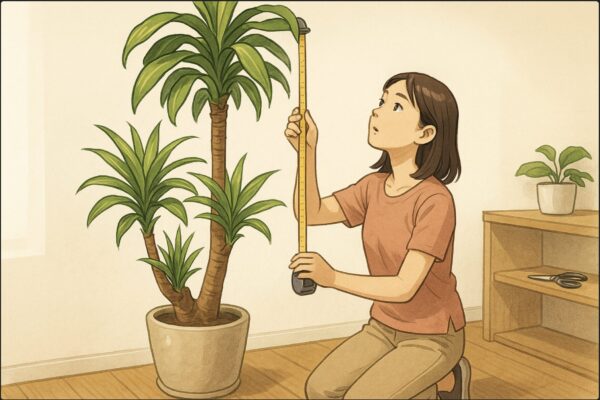 日本人女性が、天井近くまで伸びた大きなドラセナ・マッサンゲアナにメジャー（巻き尺）を当てて高さを測っている場面。女性は少し首を上に向けて成長を確認している様子で、鉢は室内の木目フローリングの上に置かれている。剪定を意識させるように、近くの棚の上には清潔なハサミが置かれている。