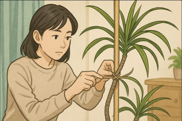 日本人女性がドラセナ・コンシンネの幹に支柱を立て、麻紐で「8の字」に固定している。慎重に手を動かす様子。背景に緑のカーテンと木製家具。