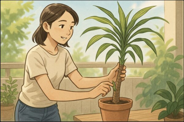 日本人女性が明るいベランダで、ドラセナを屋外の半日陰に出している。風に葉が揺れ、健康的に育つ雰囲気。幹がしっかりしており、手で幹の太さを確かめるように触れている。周囲にはほかの観葉植物も少し見える。