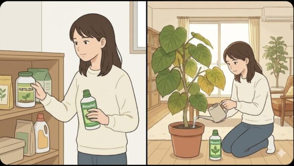 日本人女性が化成肥料の瓶を棚に戻しつつ、別の手でメネデールのような液体活力剤を持ち、鉢へ薄めた液体を与えようとしている動作。ウンベラータの葉は弱っている様子。