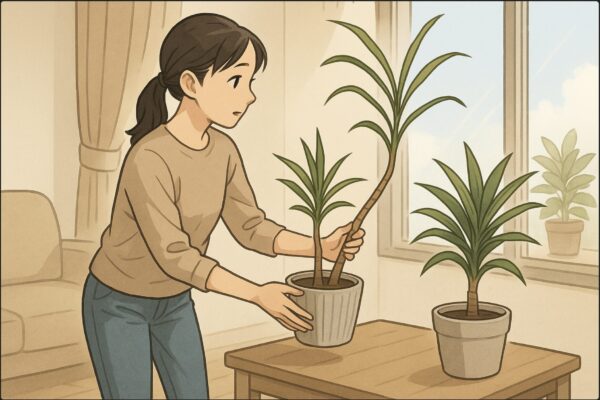 日本人女性が、ひょろっと徒長したドラセナの鉢を持ち上げて、部屋の奥から窓際の明るい場所へ移動させている場面。窓際には光を受けて葉が詰まった健康的なドラセナがすでに置かれており、女性はそれに並べるように位置を調整している。室内に柔らかい日差し