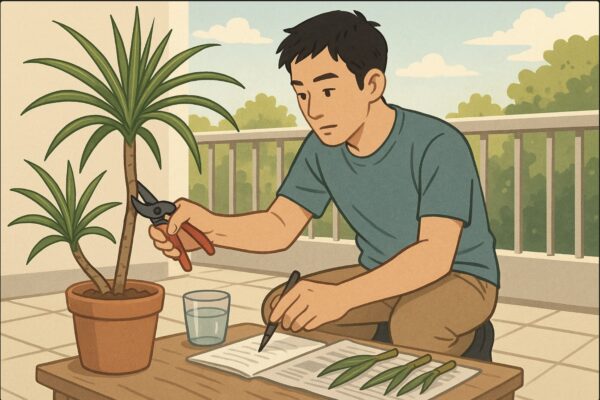 日本人男性が屋外の明るいベランダで、徒長したドラセナの幹を剪定ばさみでカットしている。切り取った挿し穂を横に並べ、清潔な新聞紙の上で整えている。動作が明確にわかる構図。