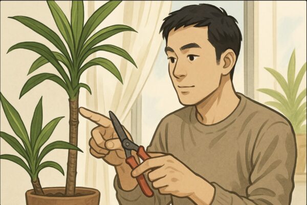 日本人男性がドラセナの伸びすぎた幹を、剪定バサミで節の上を狙ってカットする直前の動作。幹の成長点を指で示しながら確認する姿。室内の明るい背景。