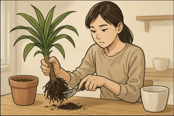 日本人女性が鉢からドラセナを優しく取り出し、黒く傷んだ根をハサミで切り落としている。新しい土と清潔な鉢が横に準備されている。落ち着いた明るい作業空間。