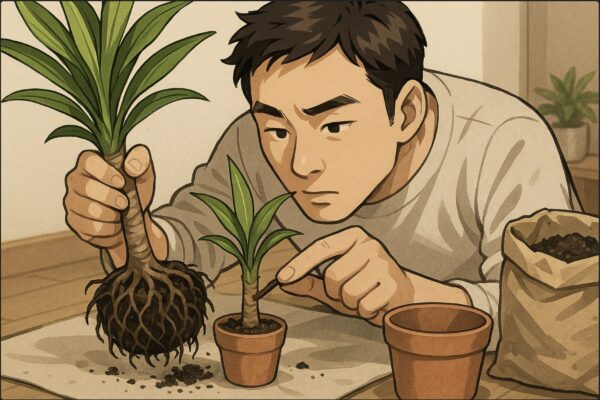 日本人男性がドラセナを鉢からそっと抜き、床に防水シートを敷いた上で根の状態を覗き込んでいるクローズアップ気味の室内シーン。片手で根を持ち、もう片手で黒くなった根を指先でつまんで確認しているアクション。近くに新しい鉢と乾いた培養土の袋が置かれている。