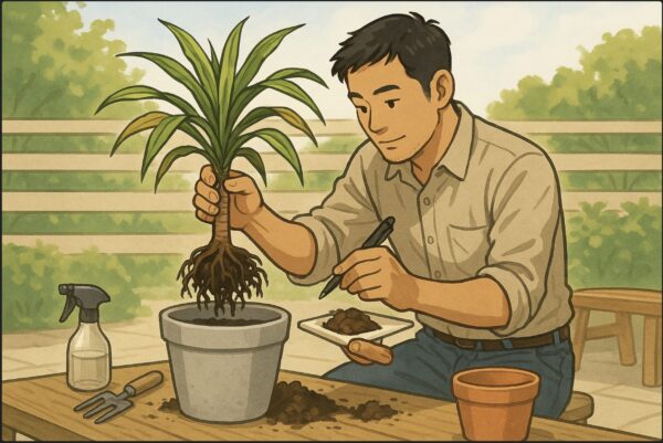 日本人男性が屋外のテラスで、ドラセナを新しい鉢に植え替えている。土を入れ替えながら、健康な根を確認している様子。ガーデニングツールが並ぶ背景。