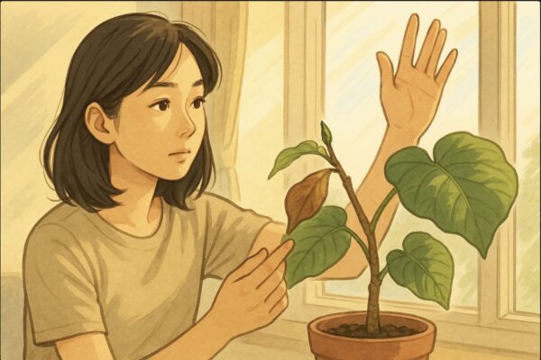 日本人女性が強い日差しが差し込む窓辺で、茶色く乾燥したウンベラータの新芽を手でそっと触りながら、光の当たり具合を確かめている。窓の光量を手でかざして比較する動作。