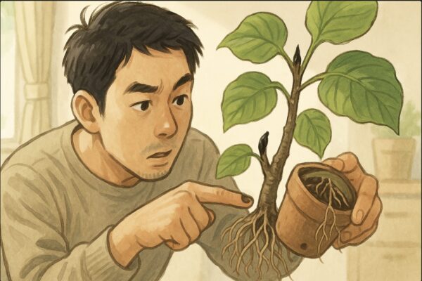 日本人男性がウンベラータの黒くなった新芽を近距離で確認しながら、同時に鉢底から飛び出した根を指差して「根詰まり」を確認しているシーン。鉢底を傾けてチェックする具体的な動作。