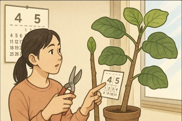 日本人女性がウンベラータの主幹を前に、剪定ハサミを構えつつカレンダーを確認して「4〜5月」を指差しながら、剪定時期を判断している場面。ウンベラータの新芽もアップで確認できる室内シーン。