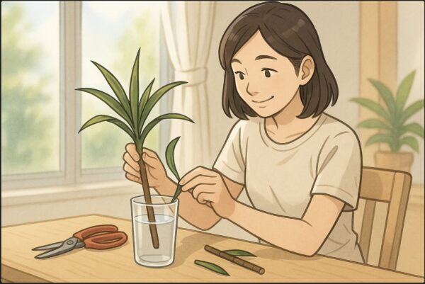 日本人女性がテーブル上で剪定したドラセナの茎を短くカットし、水を張ったコップに挿している。背景には明るい窓辺と園芸ハサミ、清潔な作業スペース。穏やかな笑顔。