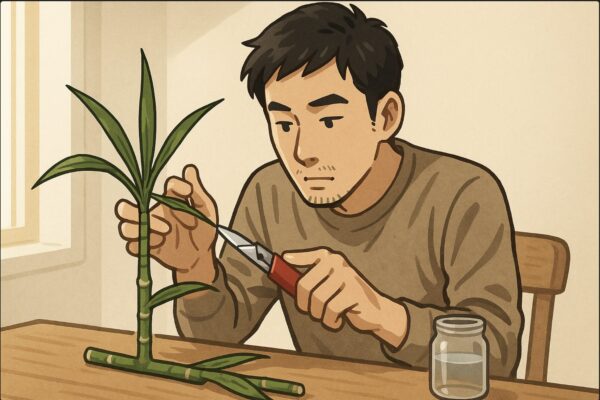 日本人男性が剪定したドラセナの枝を机の上で挿し穂に整え、葉を半分にカットする作業をしている。カッターを使い、切り口を斜めに整える具体的な動作が分かる構図。横に透明な水挿し容器が置かれている。