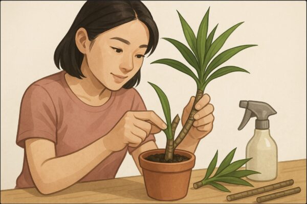 日本人女性が10〜15cmにカットしたドラセナの挿し穂の下部を斜めに整え、清潔な挿し木用の土を入れた小さな鉢にまっすぐ挿し込んでいる瞬間。脇には霧吹きと数本のドラセナ挿し穂が並んでいる。手元の動作がはっきりわかる構図。