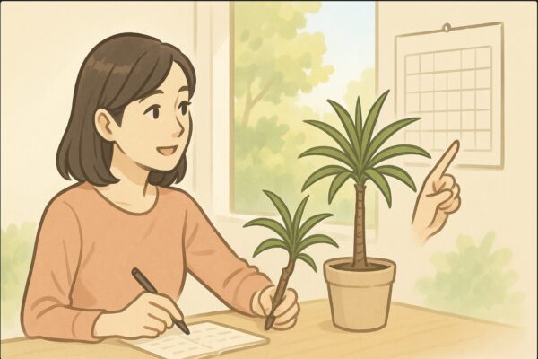 日本人女性がカレンダーを指さしながら、ドラセナの鉢植えを横目に見ている。窓の外には春らしい柔らかい光と新緑、植物の成長を感じる明るい空気感。