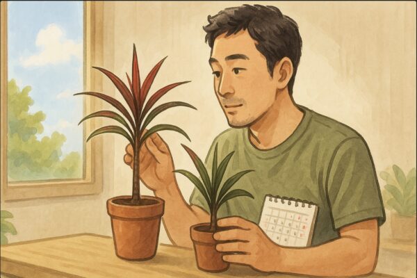 日本人男性がカレンダーを眺めながらドラセナの鉢を手に取り、窓の外の明るい初夏の光を確認している。片手でドラセナの新芽を撫でながら、適期を見極めている動作。季節感のある明るい背景。