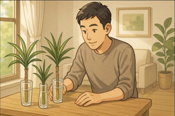 日本人男性がドラセナの挿し木を窓際に並べ、柔らかい日光が当たる角度を確認している。周囲は明るいリビング、観葉植物のあるナチュラルな雰囲気。