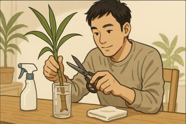 日本人男性がハサミでドラセナの茎をカットし、清潔なコップに挿す瞬間を描く。手元の動作が明確に見える構図で、カットした枝と水に浸かる部分がわかる。机の上にはアルコールスプレーやタオルなどの道具も置かれている。