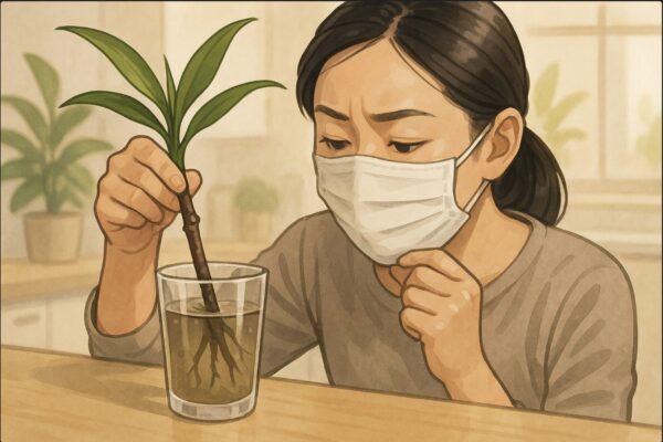 日本人女性が透明なコップの中のドラセナ挿し穂を持ち上げ、水が濁っている様子を確認している。別の手でマスクをつけて水の匂いを確かめるような仕草。明るいキッチンカウンターで衛生的な雰囲気。