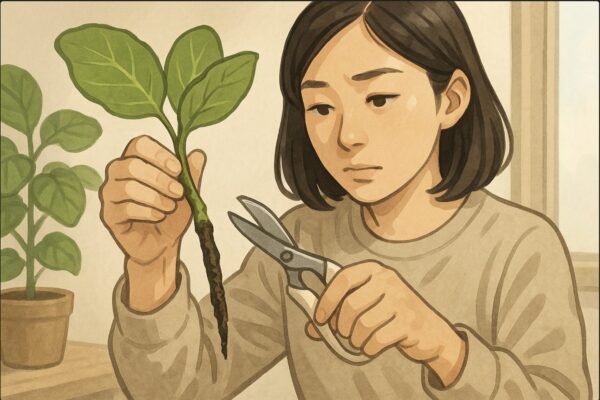 日本人女性が腐りかけたウンベラータの挿し穂を持ち、黒ずんだ部分を確認しながら、清潔な剪定バサミで健康な部分まで切り戻そうとしている緊急処置の場面。状態確認+カット動作が見える構図。