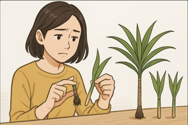 日本人女性が腐ったドラセナの挿し穂を手に取り、指で根元を確認している。表情は少し残念そうだが冷静で、隣には健康な挿し穂が並んで比較できる構図。背景はシンプルな白壁。