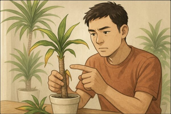 日本人男性が元気がなく葉先が黄変したドラセナを前に、片手で幹の硬さを確かめ、もう片手で鉢をやや持ち上げて根の状態をチェックしようとしている「診断」シーン。背景に同じ室内で健康そうな別のドラセナも少しだけ見え、比較して状態を見極めている雰囲気。