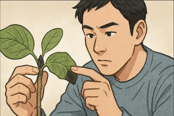 日本人男性がウンベラータの黒くなった新芽を指先でアップ気味に観察し、葉の裏側も丁寧にチェックしているシーン。クローズアップ構図、害虫チェックの雰囲気。