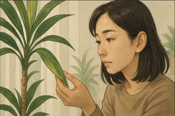 日本人女性がドラセナの葉を近くで見つめ、葉色の変化を確認するように葉を指先でそっと持ち上げて観察している場面。「日光不足による葉色の確認」という動作を強調。