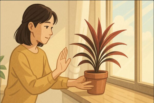 日本人女性が赤いドラセナの鉢を窓辺へ動かし、光の当たり方を手でかざして確認している。外は明るい晴れの光が差し込み、置き場所を選ぶ「動作」が明確。