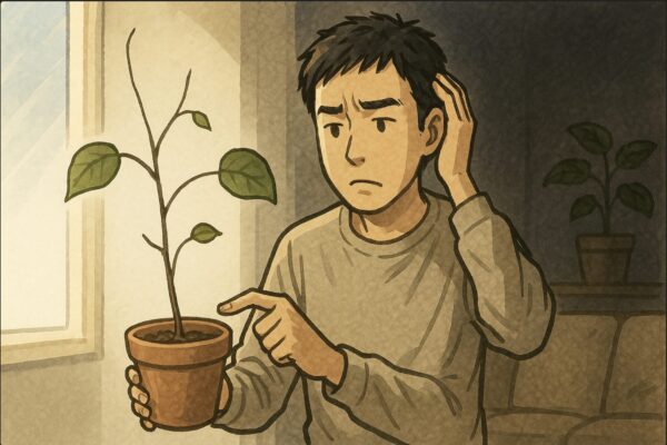 日本人男性が窓から離れた暗い場所のウンベラータを手に持ち、細く伸びた徒長した茎と小さな葉を見比べて悩んでいる。光と暗さのコントラストがわかる室内。