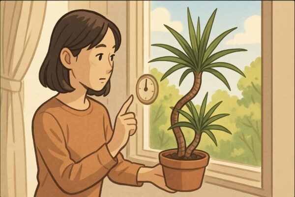 日本人女性が窓辺でドラセナ・コンシンネの鉢を手に取り、外の天気と気温を確認している。窓の外には春の日差しと新緑が映る。植物の生育時期を意識している様子。